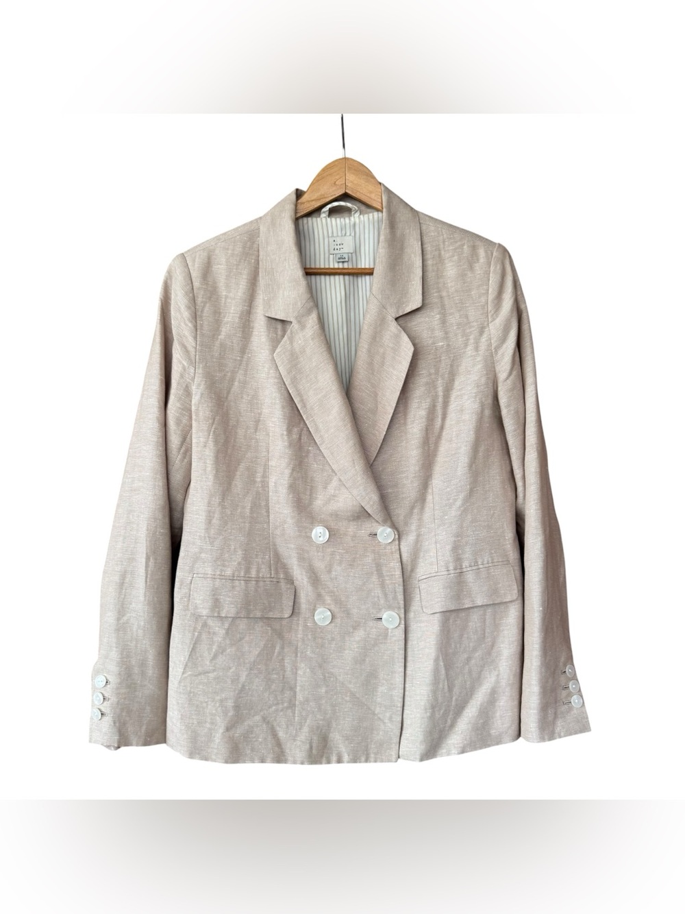 A New Day Linen Double Breasted Blazer Beige Light Tan size 14 Striped Lining